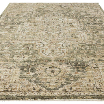 Heriz HE02 Serapi Traditional Persian Vintage Distressed Shimmer Tonal Textured Hi-Lo Space-Dyed Polyester Low-Profile Short Pile Green Rug-Asiatic Carpets-Rug Love - The Most Loved Rug Store